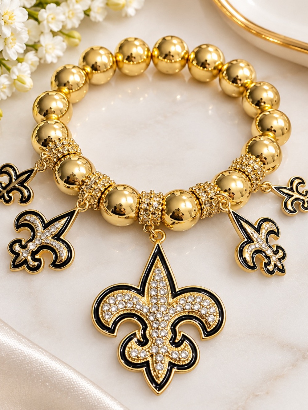 Gold Fleur-de-Lis Charm Beaded Stretch Bracelet - Women's Jewelry